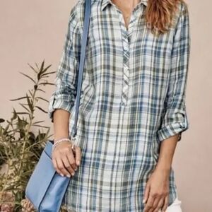 J. Jill Love Linen Blue Plaid  Popover Tunic Top Blouse NWT